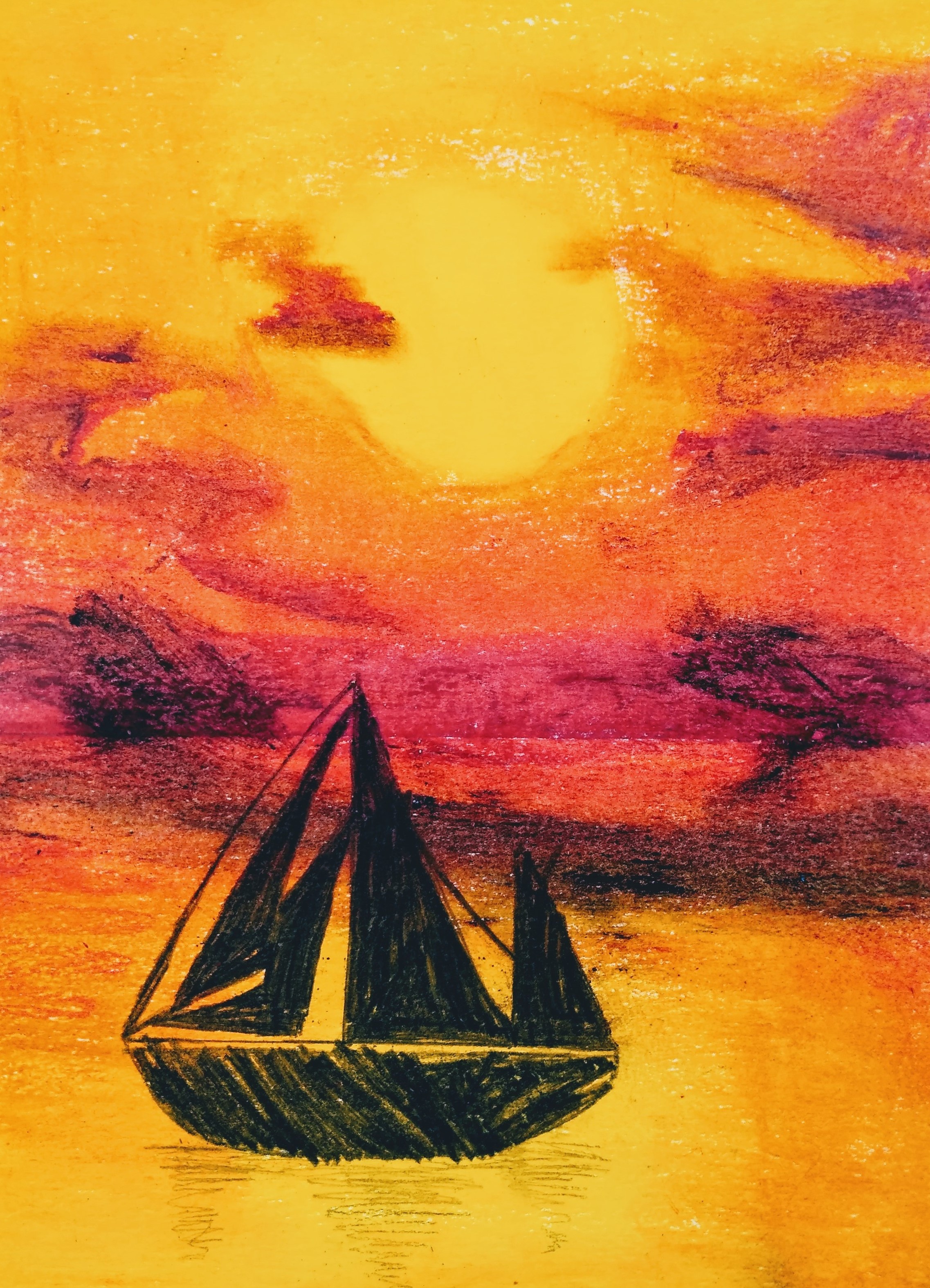 "Sunset Sailboat" Elijah Barr Oil pastel 3rd Barrie NFS