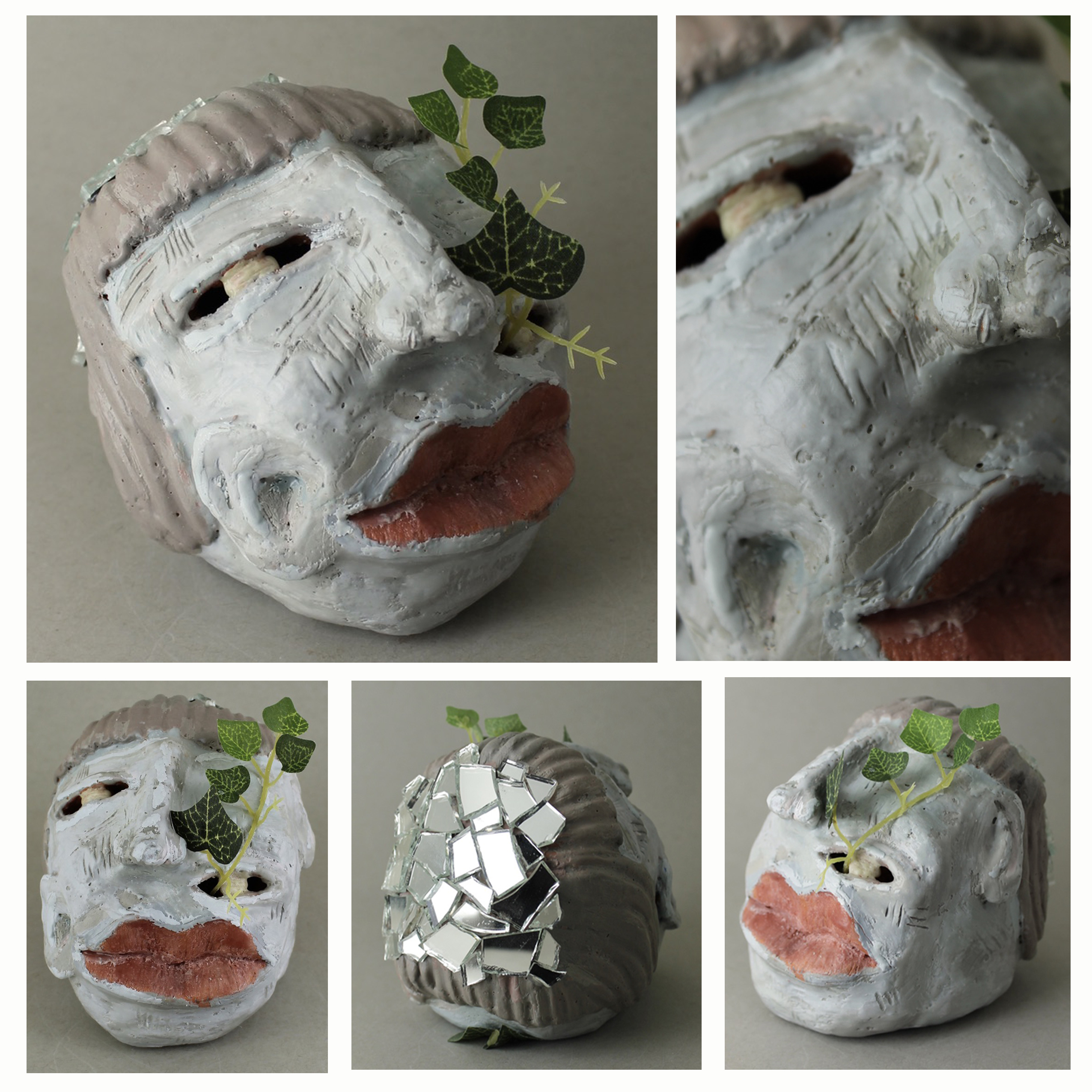 "View of Oneself" Emma Schmidt Ceramic, Encaustic Wax, Oil Paint, Mirror, Silk Plant 12th, FAHS NFS