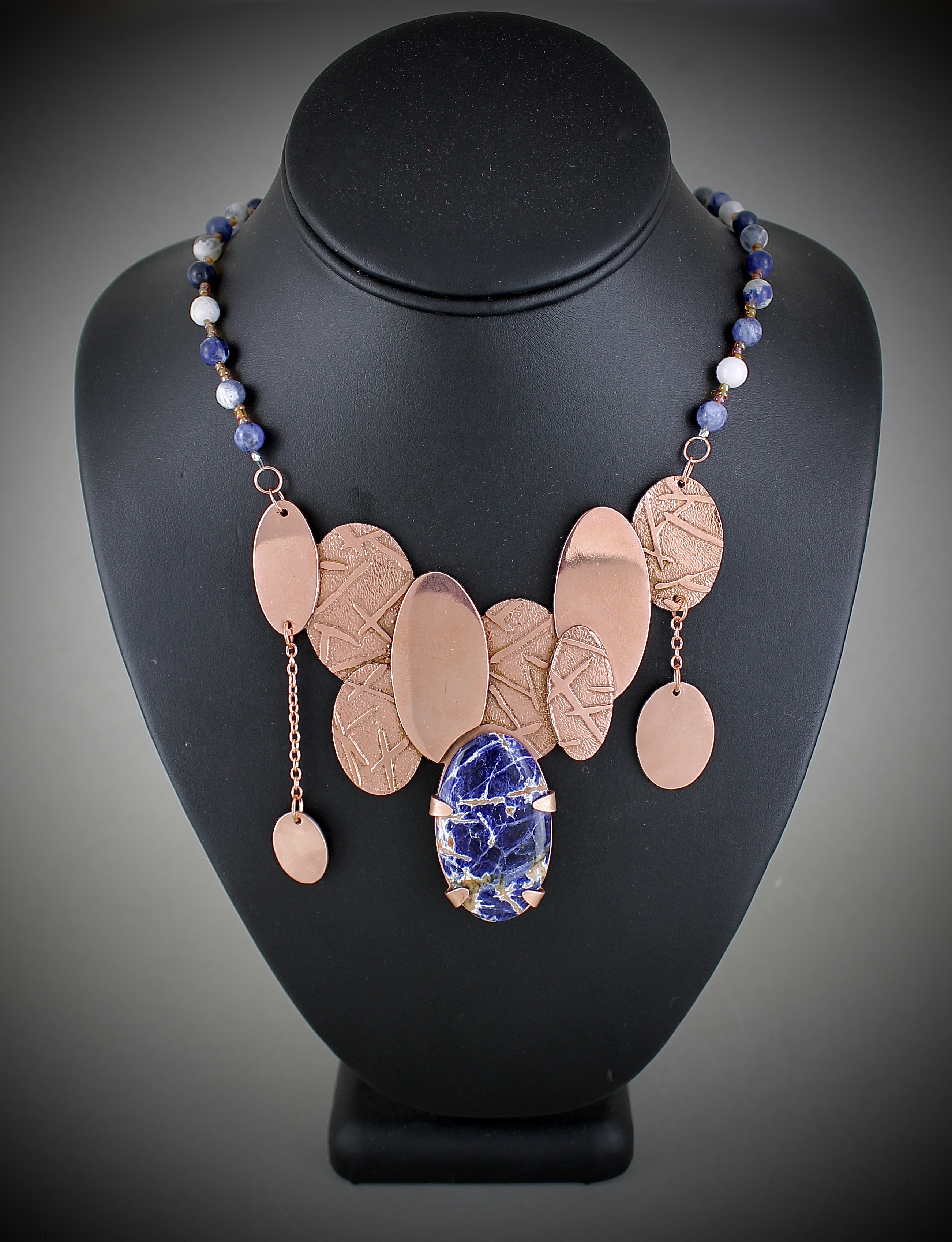 "Elliptic" Elee Sharp Etched Copper, Sunset Sodalite Cabochon, Sodalite Beads, and Glass Beads 10th, FAHS NFS