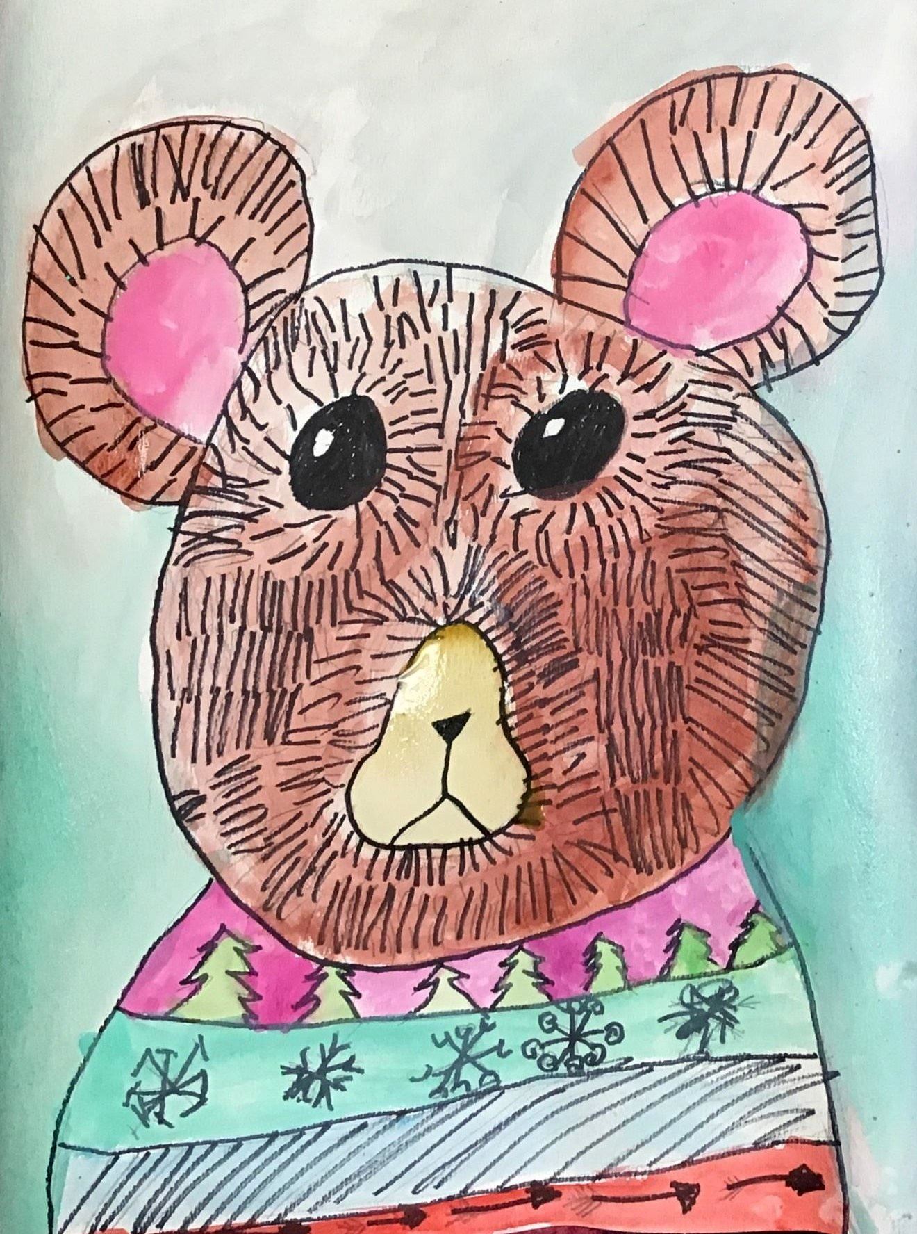"Bear in a Sweater" Sophia B Ink and Watercolor 2nd, Rockwell NFS