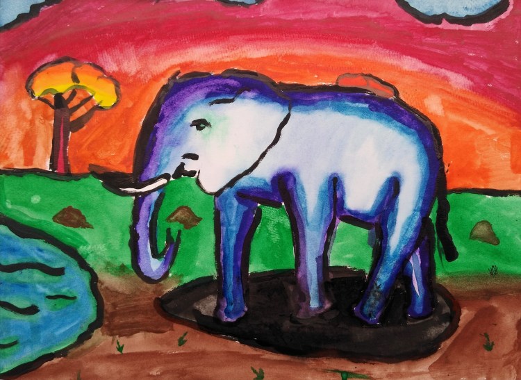 "A Morning Drink on the Savannah," Cameron Holloway, Glue-resist watercolor, 3 Barrie, NFS