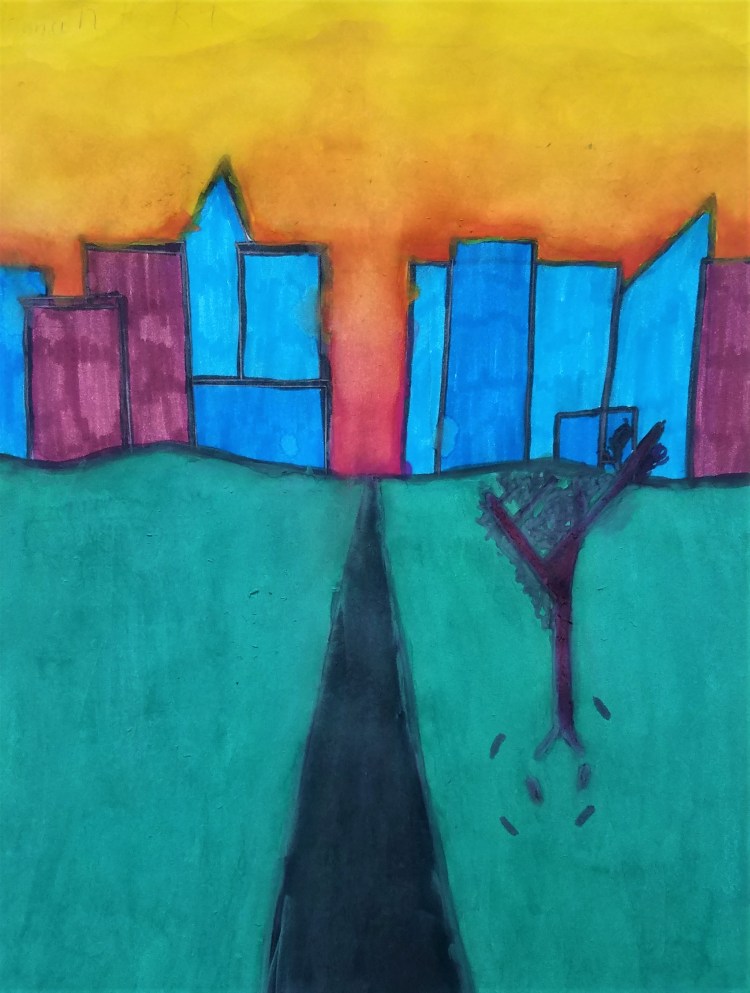 "City Skyline", Hannah Hesselbacher, Tempera, 4 Luther, $20