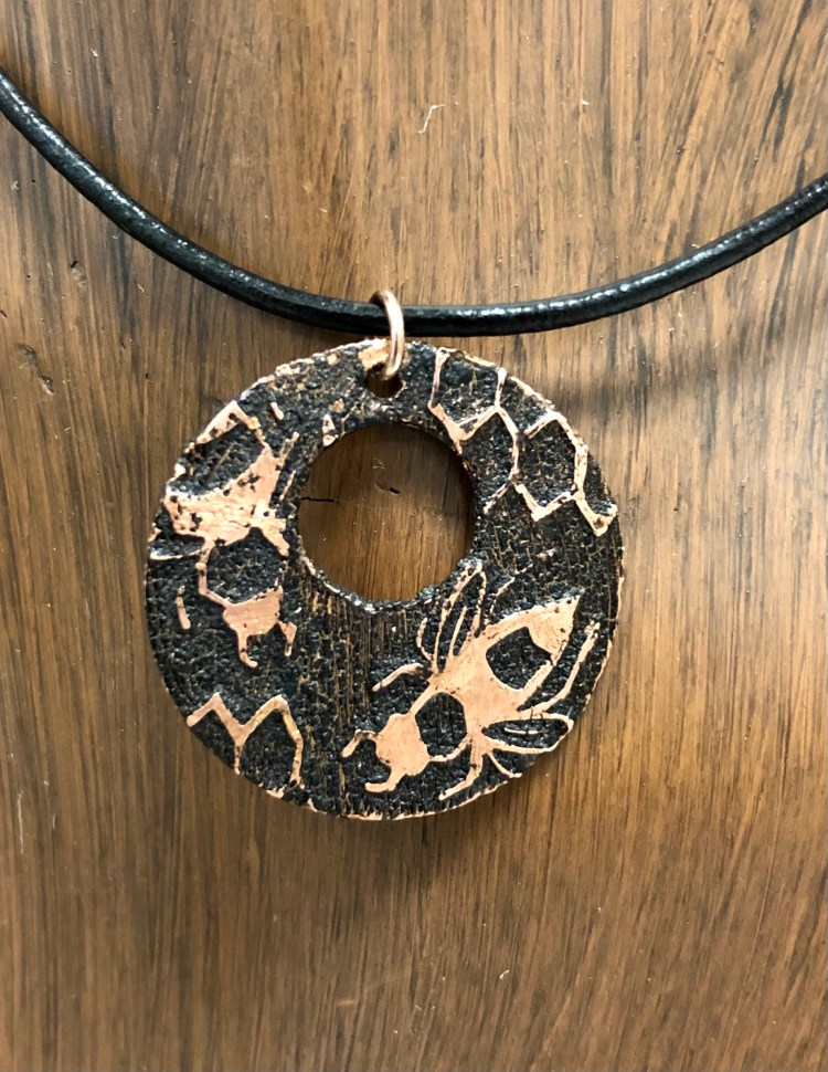 "Honeybee Necklace" Sofia Portugal, Etched Copper, 8 FAMS, $30