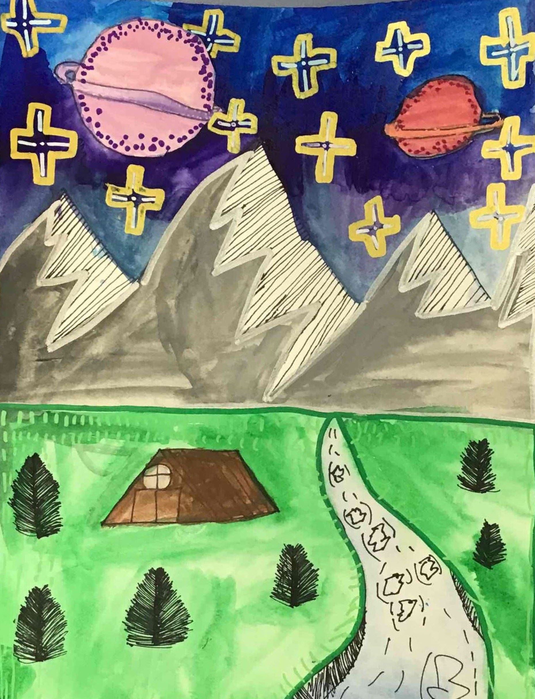 "A Starry Night" Delaney Riddell Watercolor and Paint Pens 3rd grade Rockwell $30