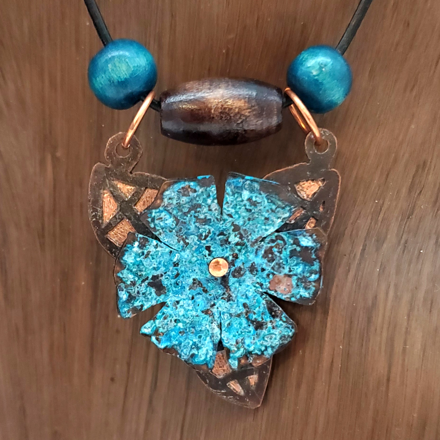 Blue Hibiscus, Chloe Barganz, Copper & Wooden Beads, 8th Grade, FAMS, NFS
