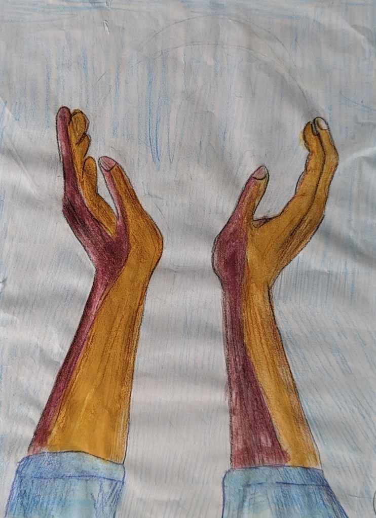 "Hands to God," Presley Hotchkiss, 7th Grade, Colored Pencil, St. Joe's