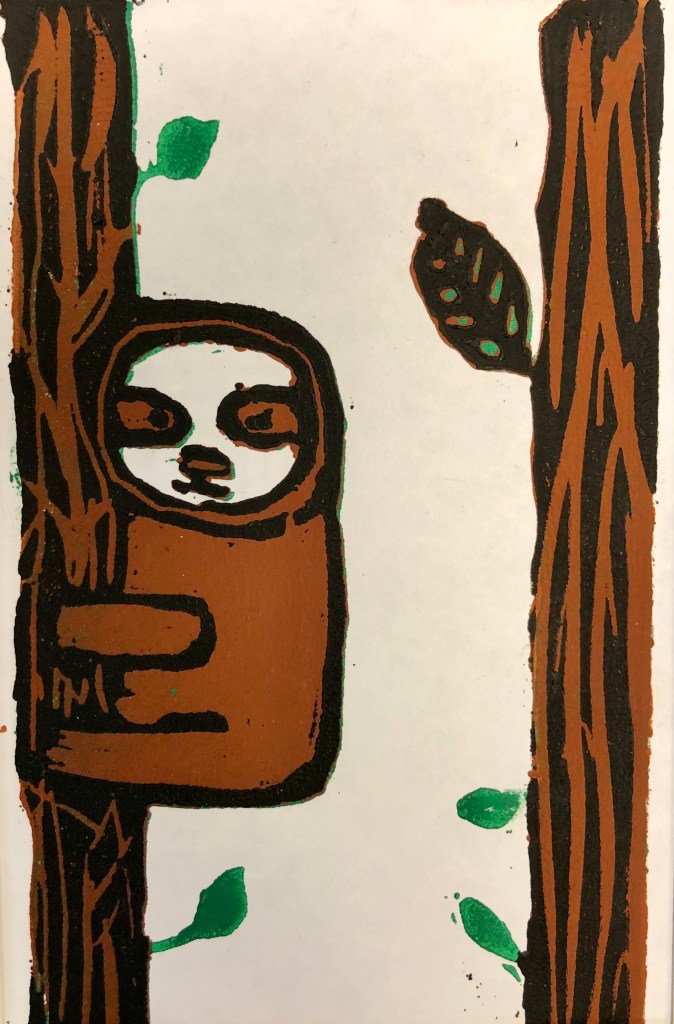 "Jelly the Sloth," Janitza Gonzalez, Linoleum Printmaking, 7th Grade, $35
