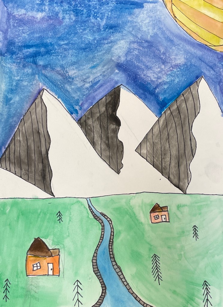 "Mountain Valley," Adalyn Telfer, 3rd Grade, Watercolors and Sharpie, Rockwell, $20