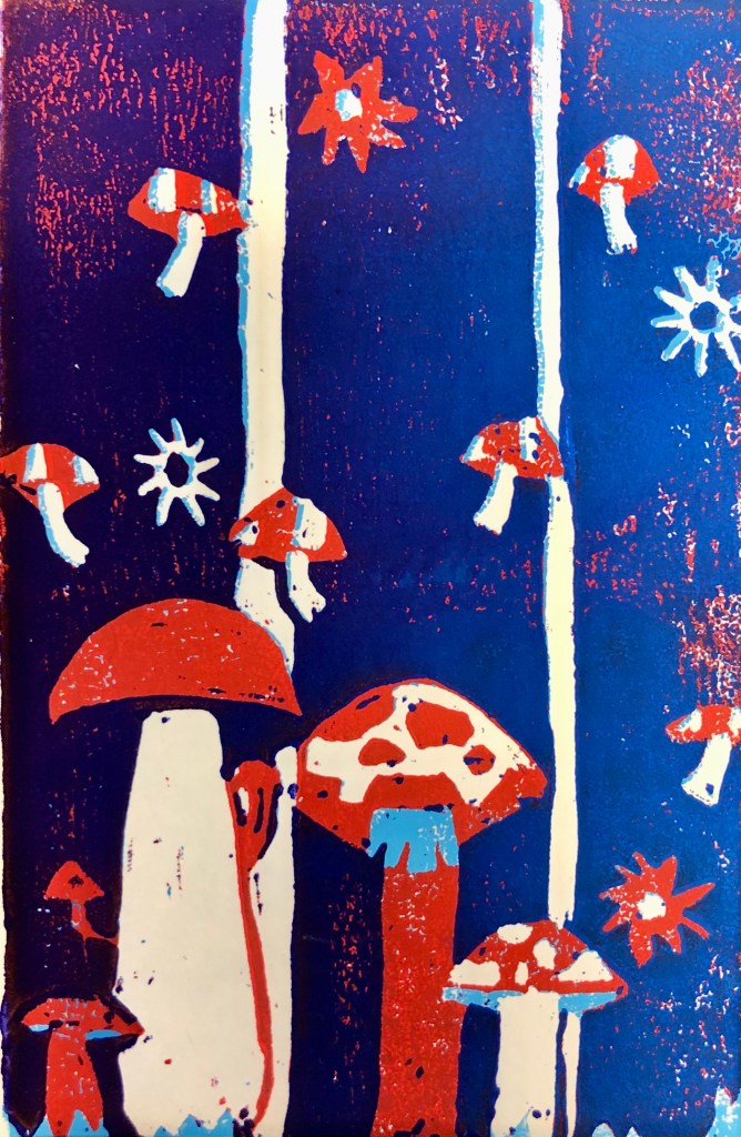 "Magical Misty Mushroom Forest," Paige Sorenson, Linoleum Printmaking, 7th Grade, $35