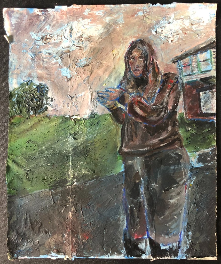 "Sofia Outside Her Home," Alex Schlafer,11th Grade,Acrylic and Collage on Paper, FAHS