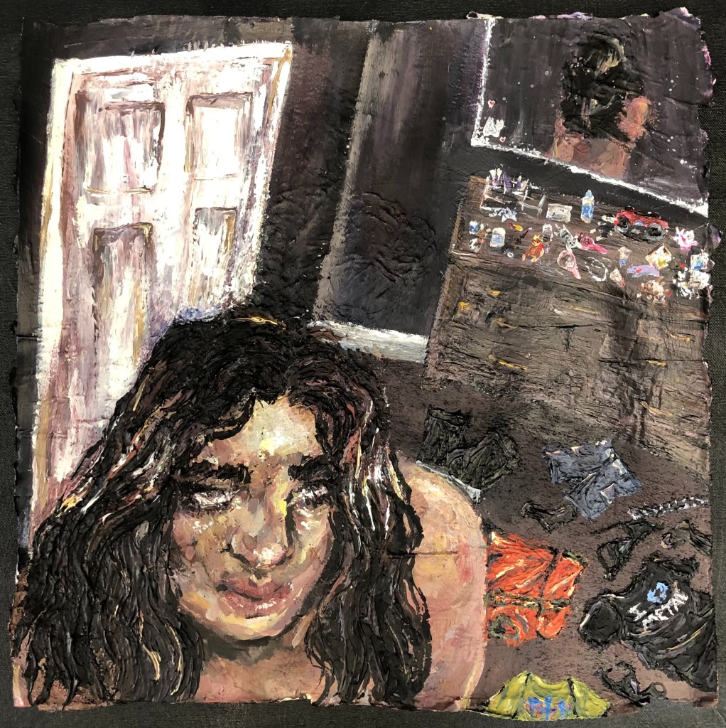 "Bedroom Scene, Night," Sofia Portugal, 10th Grade, Acrylic and Collage on Paper, FAHS