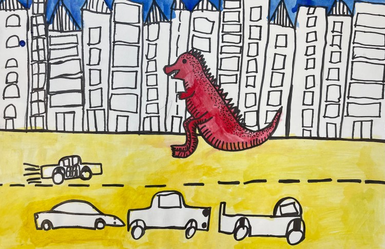 Dino City Luke Fredrick 2 Tempera and Sharpie Purdy $25