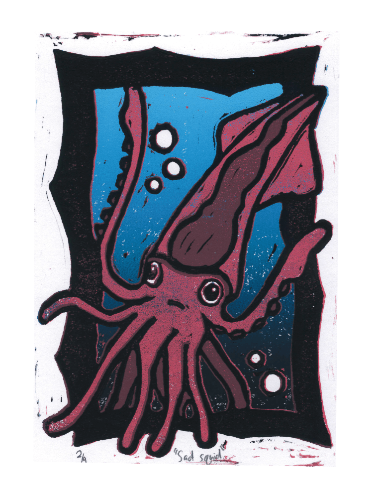 "Sad Squid", Cameron Holloway, Ink on Paper, 8, FAMS, $30
