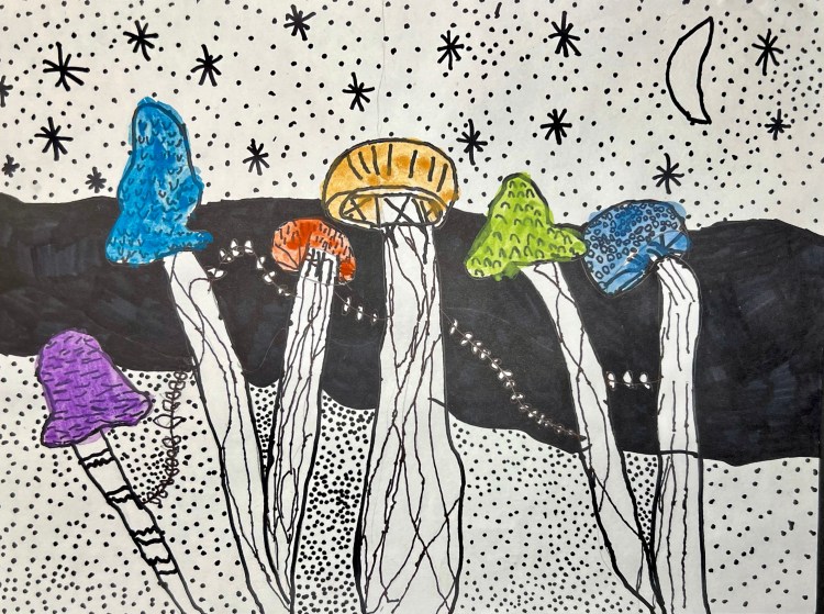 "Rainbow Mushroom Forest"Abigail Baker, Sharpie and watercolor, 4th, Luther, NFS