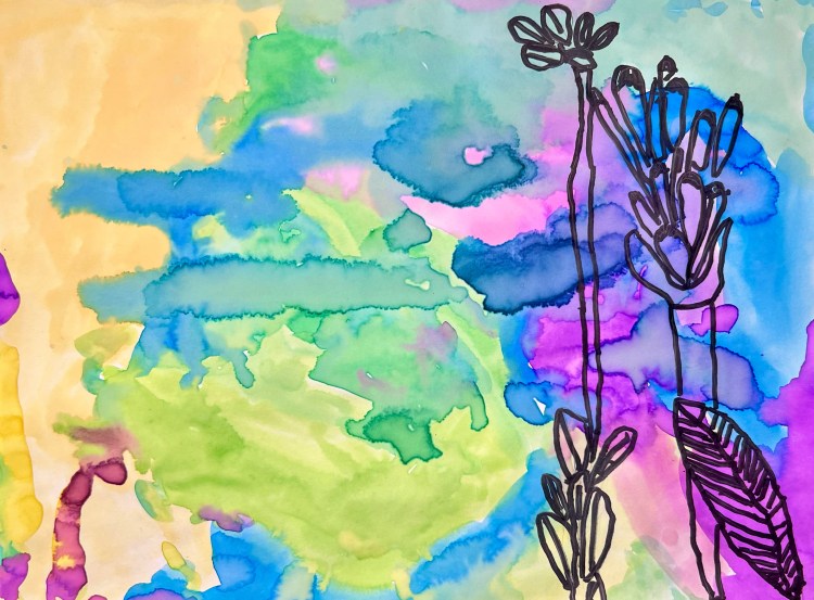 "A Flower Garden" Ryan Menigoz, Watercolor and Sharpie, K, Luther, NFS